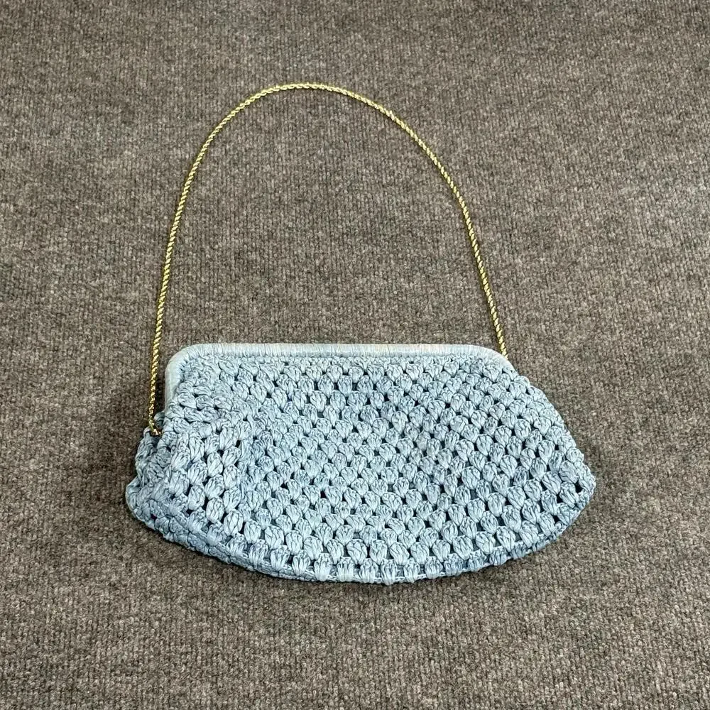 Loeffler Randall Clutch Womens Medium Blue Raffia Trudie Frame Crochet Handbag